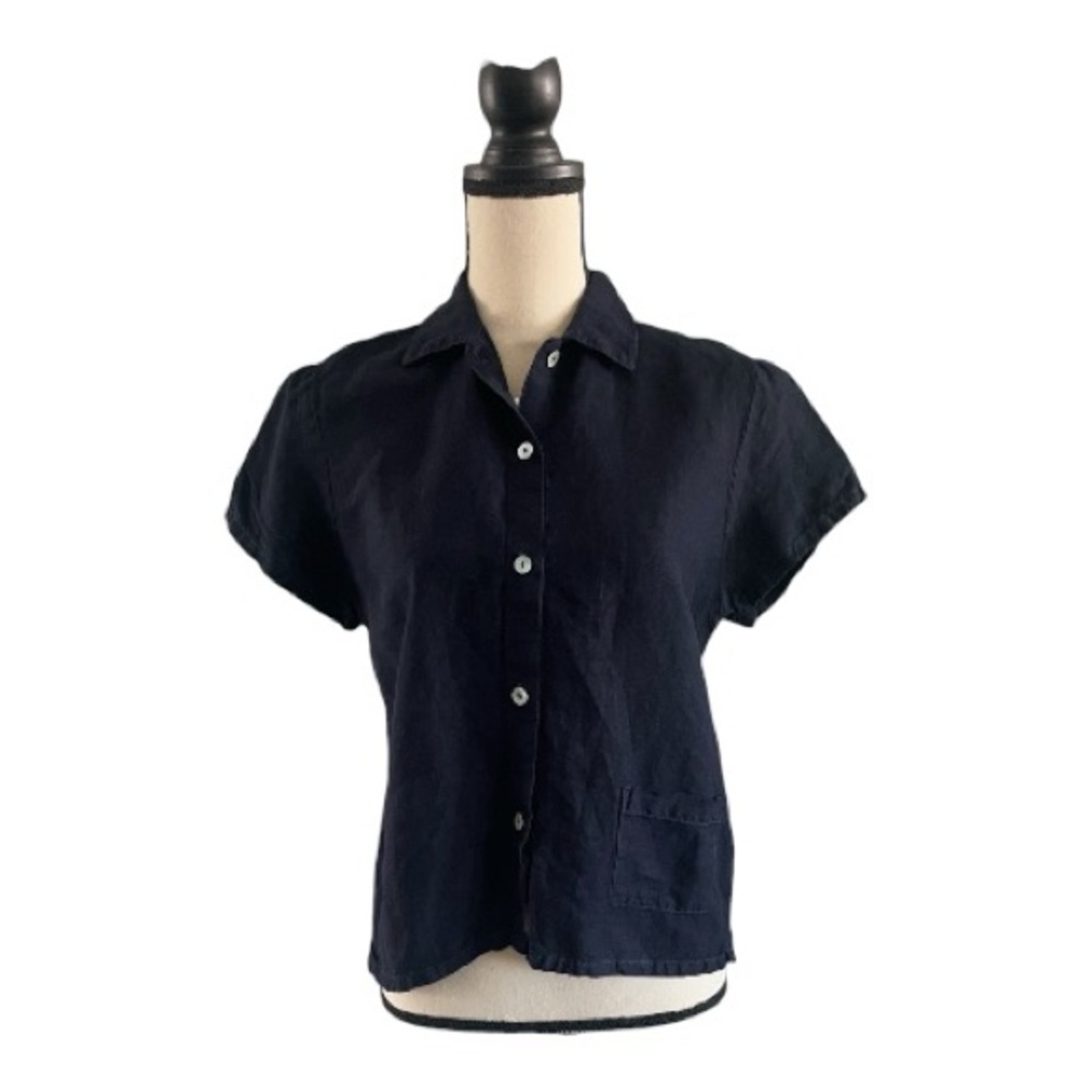 ♥️Spirit♥️ Navy short Sleeves Button-Down Women's linen blouse. Size (S)